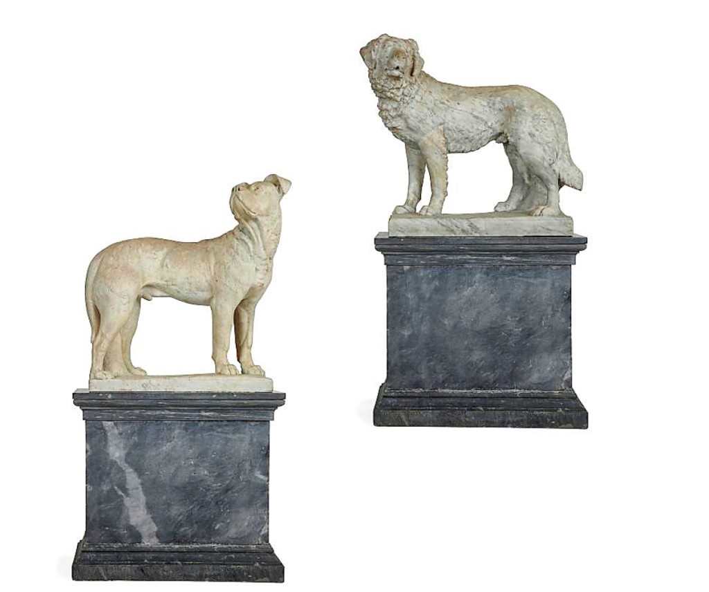 “Best in Show” and the sale’s top lot. A buyer in London will be giving this near pair of life-sized Nineteenth Century Italian Carrara marble dogs a new home, for $62,500 ($15/25,000).