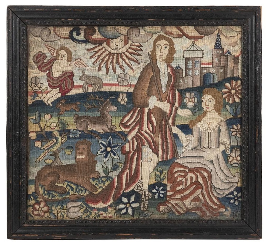 Leading a selection of early English needleworks from the Frank Cowan estate was this early Eighteenth Century framed petit point example that brought $22,815. A buyer in England will be bringing it back across the pond ($ ,000).