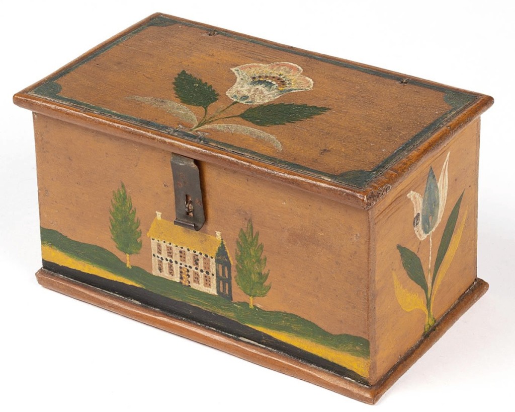 “It is an iconic box and probably the best in terms of condition,” Will Kimbrough said of this folk art paint-decorated pine trinket or dresser box by Jonas Weber (Lancaster Co., Penn., dated 1850). It retained an outstanding original dry polychrome surface and had extensive provenance. A trade buyer from the East Coast took it to $50,788. White Collection ($20/30,000).