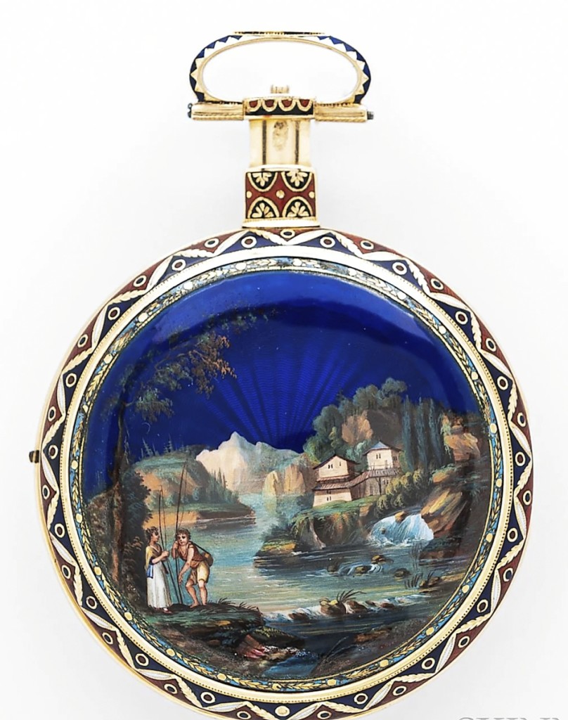 Among the best-sellers, also from the Sandberg Collection, was this Ibery of London watch made for the Chinese market. The colorful enamel scene of a couple enjoying an Alpine setting is attributed to the workshop of Jean-Louis Richter, circa 1810. The watch’s beauty, its fine fusee movement featuring a detent escapement, and its Antiquorum certificate all contributed to its $40,625 selling price, more than triple the $12,000 high estimate.