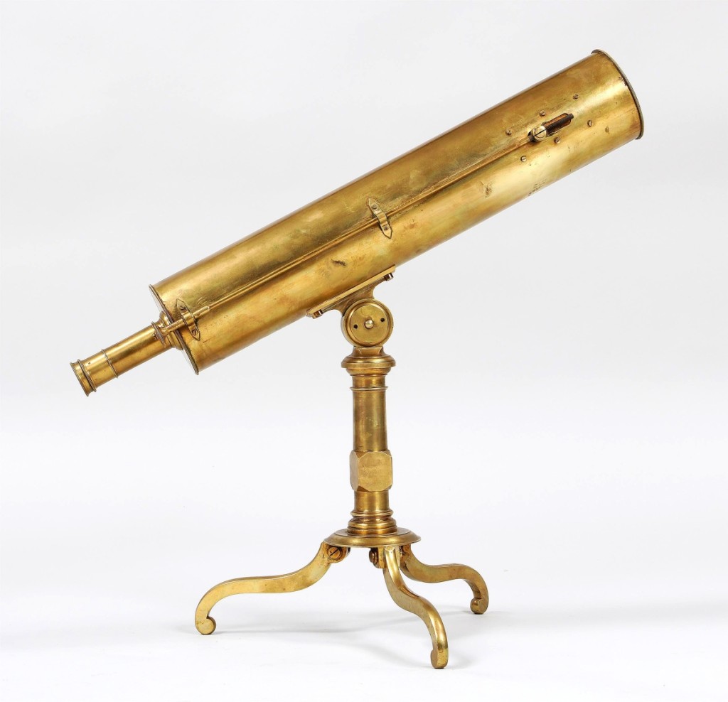 This Eighteenth Century James Champney brass tabletop reflector telescope was bid to $3,125, five times its high estimate. Signed on backplate “James Champneys, Fleet Street, London” and set on tripod, it also came from the Kranker estate.