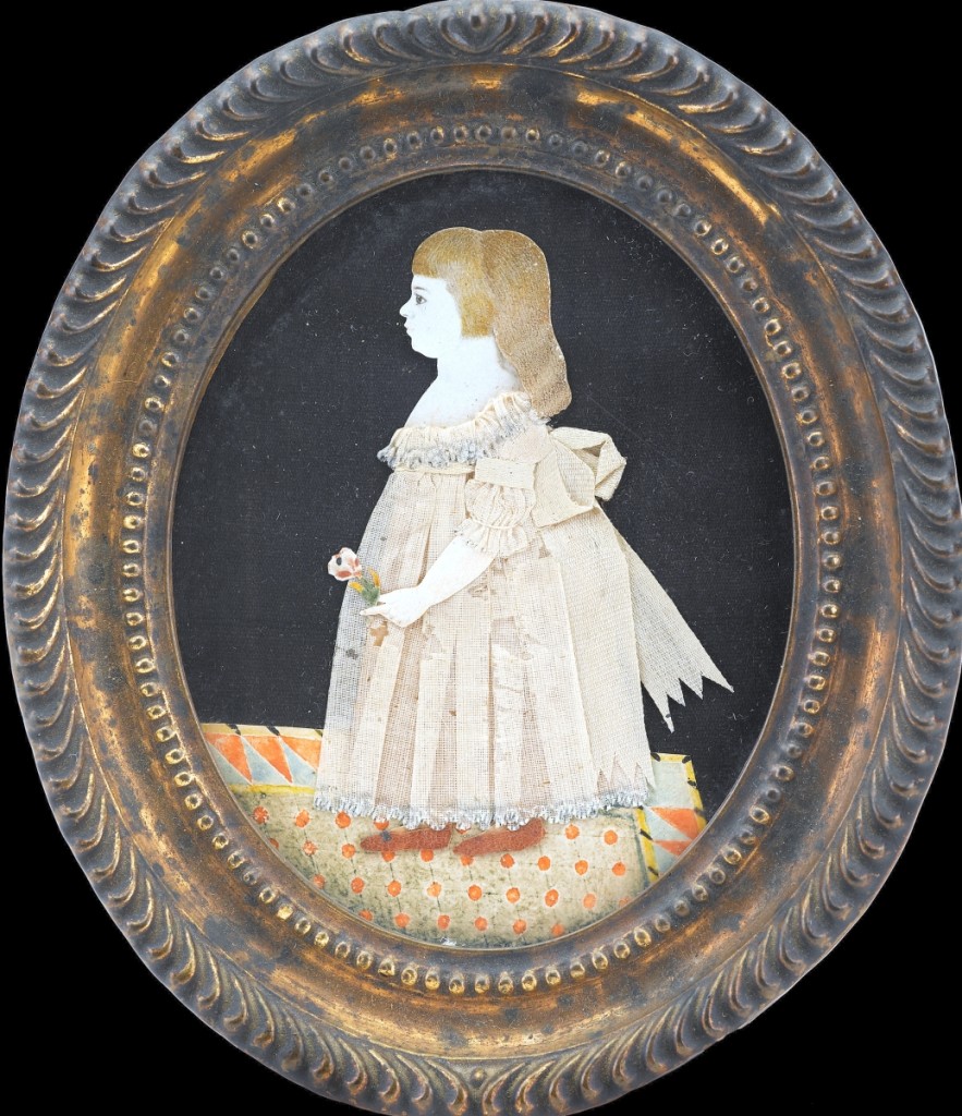 “Dressed Girl on a Patterned Rug,” attributed to Mary Way, circa 1800. Watercolor and fabric on paper, applied to a silk ground; sight, 3¼ by 2½ inches. Private collection.