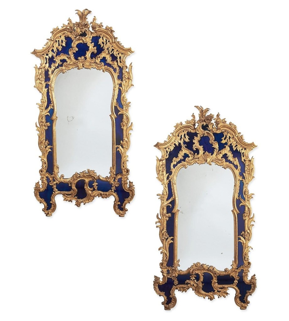 This pair of 80-inch-tall Italian Rococo giltwood pier mirrors dated to the mid-Eighteenth Century and featured cobalt glass elements. They sold to a Los Angeles decorator for $27,500 ($10/15,000).