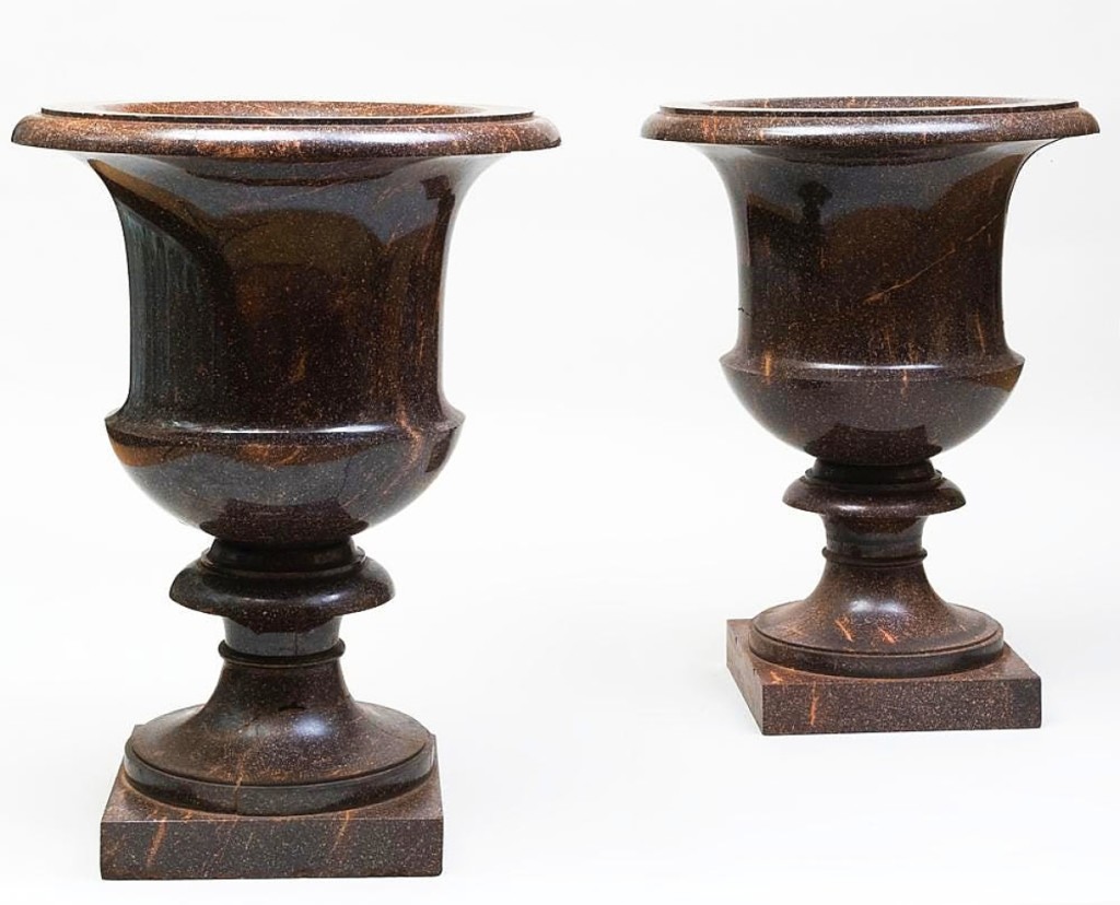 “In my four decades in this business, I have never seen this scale, ever,” Cunningham said of the pair of 27½-inch-high Porphyry urns consigned from a Kent collector who found them in a Ridgefield, Conn., consignment shop in the 1970s. The Swedish royal family found a vein of the rare mineral in the late Eighteenth Century and proceeded to use it in furnishing their estates and for official gifts. The pair of Porphyry urns went out at $88,560.