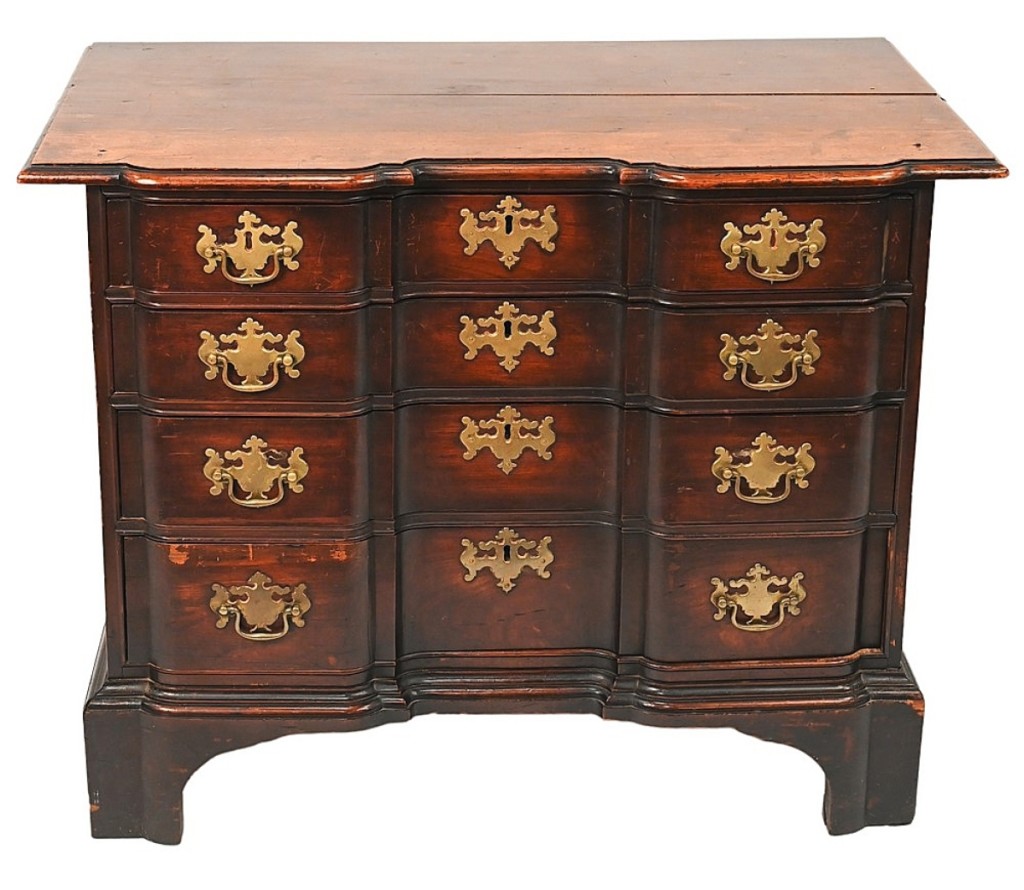 Going to a New Hampshire private collector is this diminutive Chippendale mahogany chest, circa 1780, top lot in the sale, bringing $25,200. It came from the estate of James Dana English of New Haven to benefit the New Haven Museum.