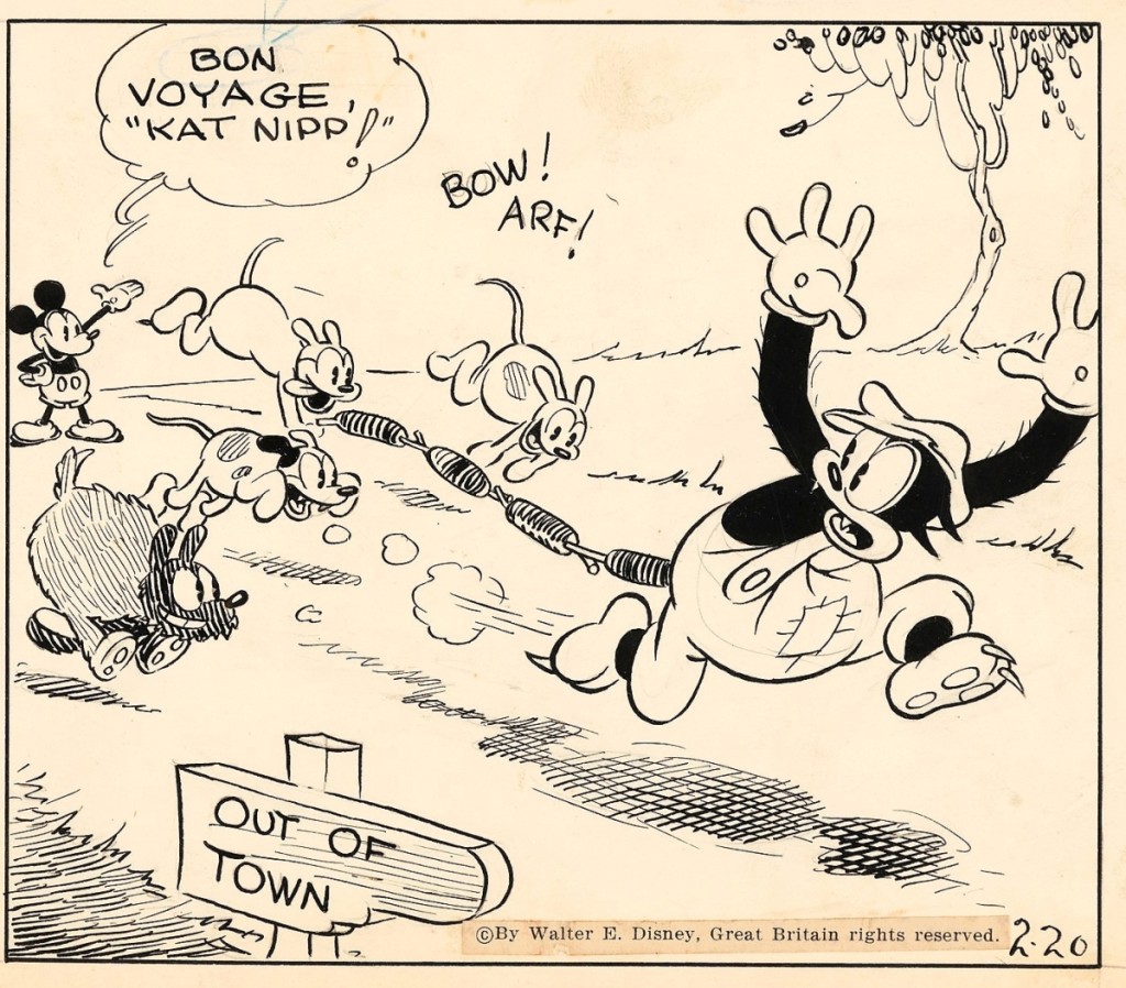 Closeup of one frame from 1931 Mickey Mouse daily comic strip with original art by Floyd Gottfredson and Earl Duvall, features character Kat Nipp, self-proclaimed “Toufest Guy In The Kounty.” From the Duvall estate, it commanded $45,430.