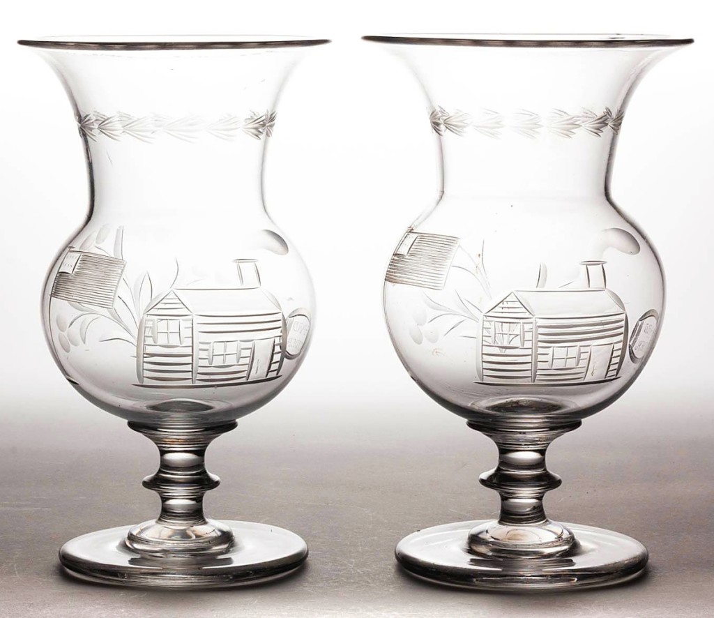 The top price in the glass and ceramics auction was $10,178, realized for this pair of wheel-engraved free-blown vases or celery glasses that had been made for the 1840 presidential campaign of William Henry Harrison. The pair were purchased by Colonial Williamsburg ($5/8,000).
