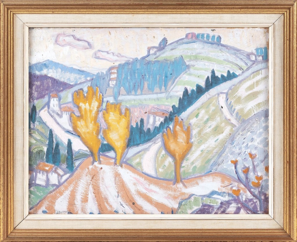 Of two works in the sale by Jessica Dismorr (British, 1885-1939), this Southern France landscape had the edge in value, making $16,250. A pencil inscription on the back read “Painted in Provence. About 1910. Mediterranean hill country, South of France.” The same phone bidder took both of Dismorr’s works ($6/8,000).