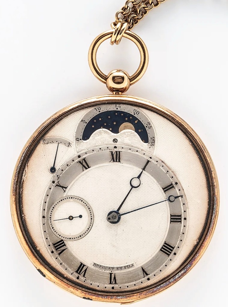 The sale’s highest lot, at $175,000, was a Breguet astronomical quarter-repeating watch, No. 2835, in an 18K gold case. The company confirmed on a framed certificate that the watch was sold in 1825 to Lord Henry William Paget. The watch was illustrated and described in George Daniels’ authoritative book The Art of Breguet.