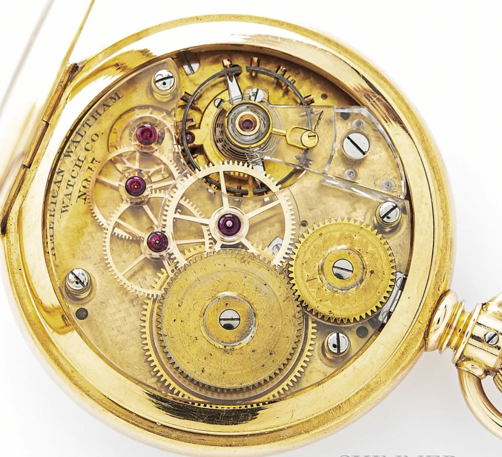 Waltham’s skilled watchmakers also played with nonmetallic movement plates, although not as production models. This watch, No. 17 and circa 1885, has transparent crystal movement plates which make it rare and highly desirable and which allow users to view the wheels normally hidden between brass plates. A small number of such fragile “crystal plate” Walthams are known. The watch took $40,625.