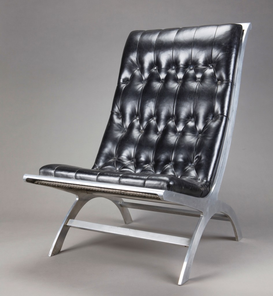 “Maximilian” lounge chair by John Vesey (American, 1925-1992), 1958 design. Wrought aluminum, steel mesh, original leather. New Orleans Museum of Art, Museum purchase, William McDonald Boles and Eva Carol Boles Fund.