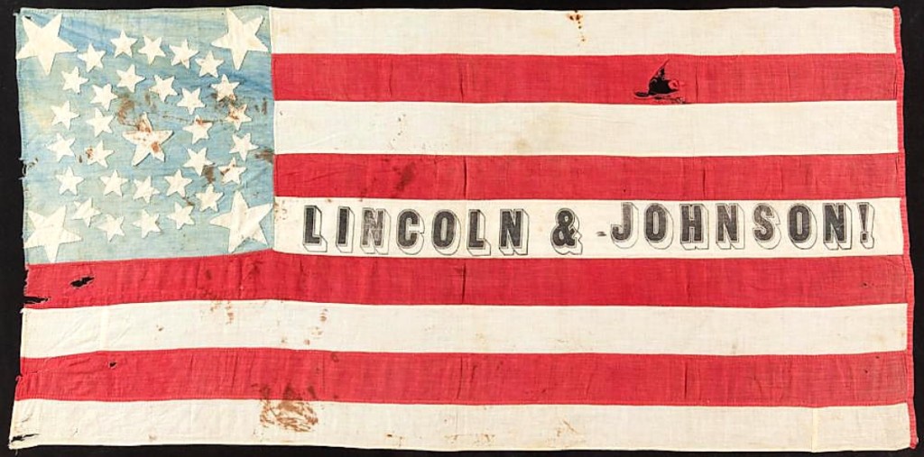 The top price realized in the Hunter Collection was $131,450, paid for by flag dealer Jeff Bridgman, for this 34-star flag banner from the 1864 presidential campaign of Abraham Lincoln and Andrew Johnson ($10/15,000).