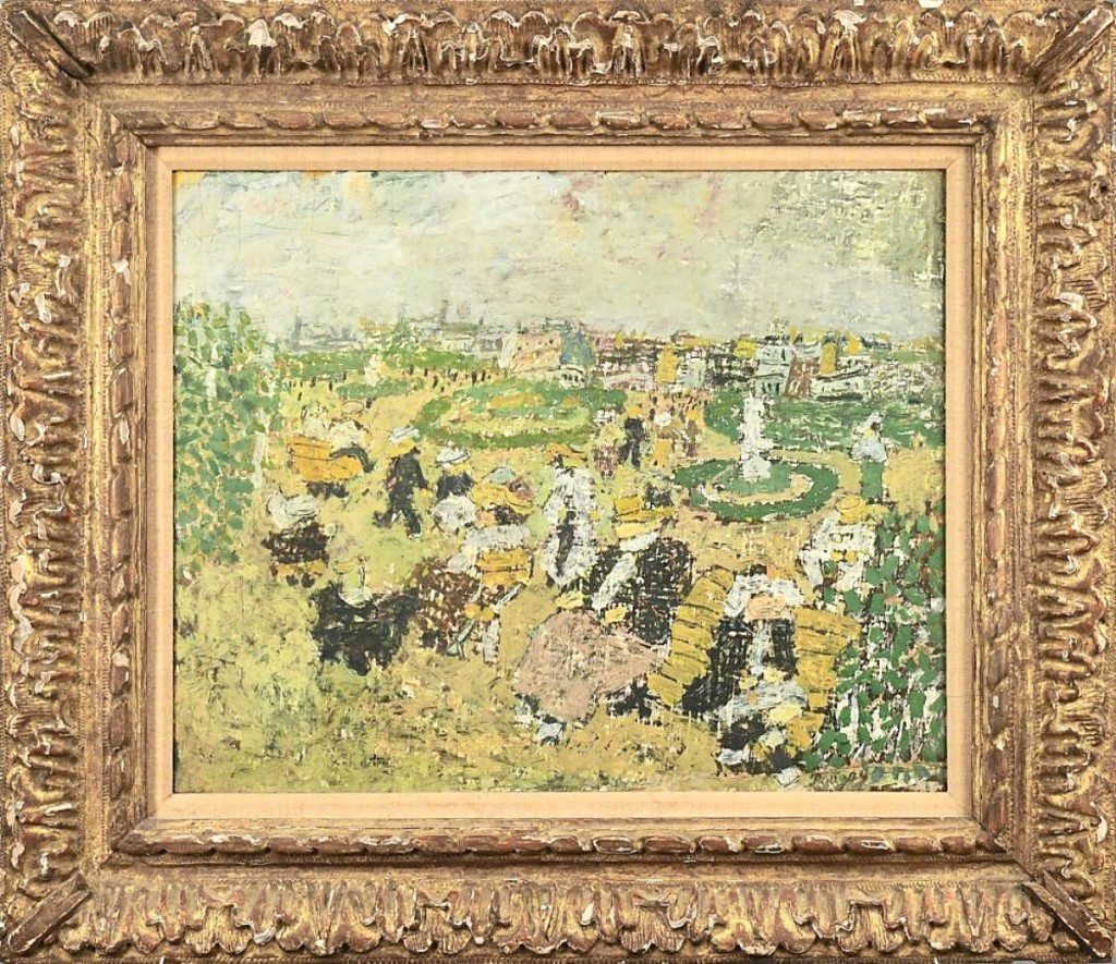 There were several American and European paintings in the sale. Bidders liked this Impressionist scene of figures seated at a table in a garden. Painted and signed by Jean Pougny (1892-1956), who was also known as Ivan Albertovich Puni Pougny, it earned $15,340.