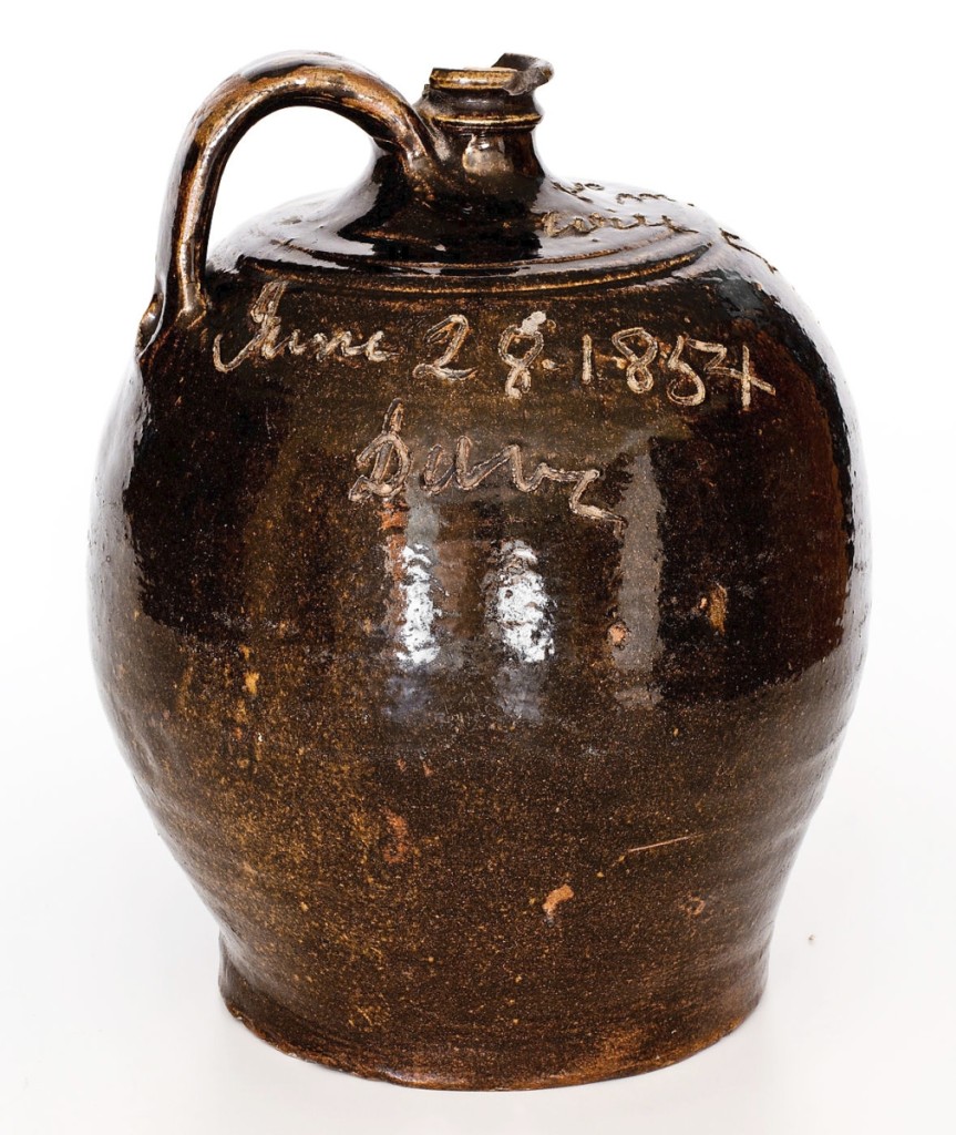 The sale’s top lot at $420,000 was an inscribed 3-gallon alkaline-glazed stoneware jug by enslaved African American potter Dave Drake. The inscription reads, “Lm says this handle will crack,” the initials referring to Lewis Miles, Drake’s slaver. The handle never cracked since it was made in 1854. “It really is one of the only pieces of American art that directly confronts the relationship between the slave and enslaver,” Mark Zipp said. “I think therein lies its most important aspect. But through that inscription we also get a sense of Dave’s personality, he had a sense of humor and a willingness to challenge an authority. It’s a simple slogan, but through that we can extrapolate what this man was like. In that sense, I think it’s one of his most important inscriptions.” The jug sold to an American private collector.