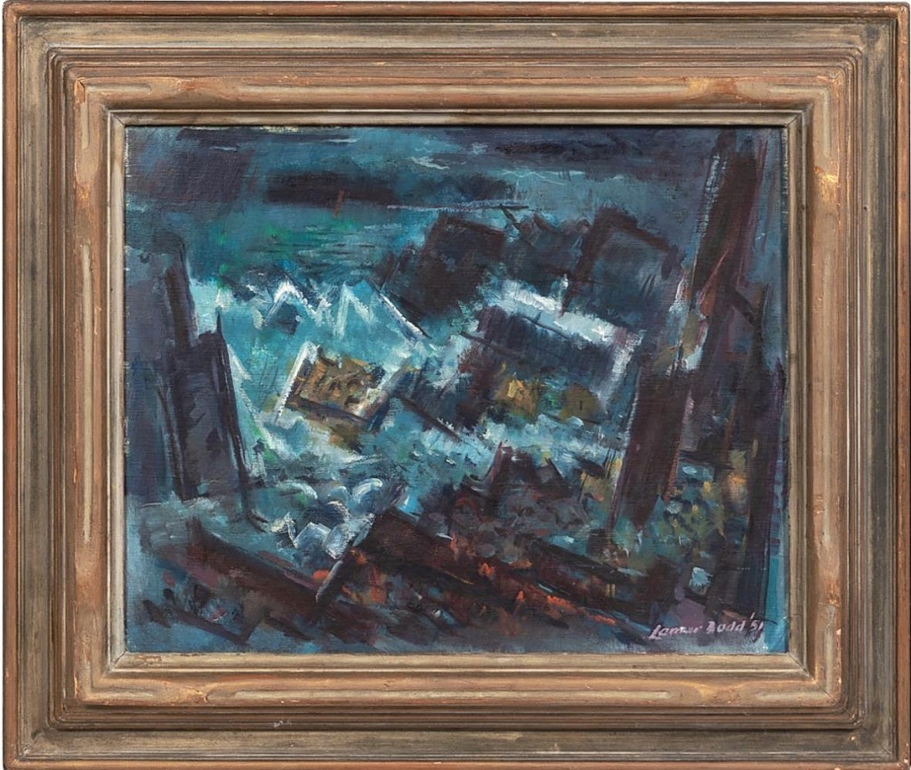 Dodd was no dud. Lamar William Dodd (American, 1909-1996) was represented in the sale with “Staccato,” 1951, a roiling Monhegan, Maine coastal scene that surged to $10,625 above a $1/2,000 estimate.