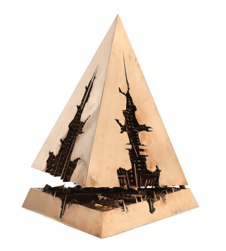 It was the sale’s cover lot and came from the home of a Rye, N.Y., collector of contemporary and post-modern art. “Asse Del Movimento 1,” one of Arnaldo Pomodoro’s (b 1926) gilded bronze pyramids sold to an online bidder for $69,850.