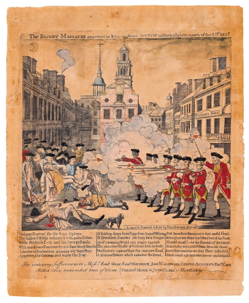 Highlighting the two-day sale was Paul Revere’s iconic 1770 engraving, “The Bloody Massacre,” which achieved $429,000 — a world auction record for the print. Property from the collection of New York advertising executive Monroe F. Dreher, the hand colored rendering of the Boston Massacre of March 5, 1770, during which the British killed five Bostonians, is Revere’s most well-known and sought-after print.