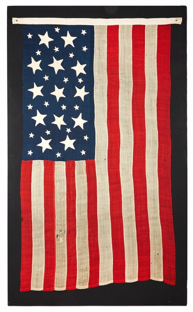 Dillsburg, Penn., Americana specialist Jeff Bridgman purchased a dozen of the American national flags on offer from the collection of Jeffrey Kenneth Kohn, MD, including this rare 13-star example with 21 “Scattered Stars,” circa 1824, which finished at $59,850.