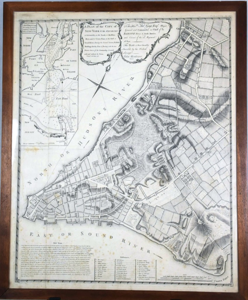 The star of the day, earning $36,000, was a 1766 first edition of A Plan of the City of New York and its Environs to Greenwich on the North or Hudson River…survey’d in the Winter, 1766. The map is commonly referred to as the “Montresor Plan,” named for the British army engineer who created it. The map was ordered by British general Thomas Gage, concerned about unrest in the New York colony brought about by newly enacted unpopular laws and taxes. It was the first map showing Manhattan as far north as today’s Greenwich Village and the islands in New York harbor.