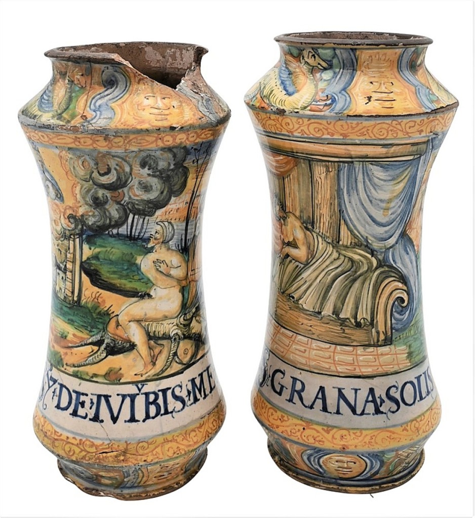 Their obvious antiquity appreciated, this pair of majolica polychrome decorated vessels — one with a notable chip from its rim, depicting figures and animals in a landscape, surprised, ignoring a $300/500 estimate to finish at $12,500.