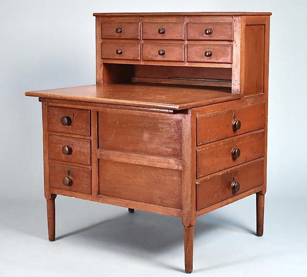 The highlight of the sale was an Enfield, N.H., Shaker sewing desk, which was described by Shaker specialist John Keith Russell as “incredible.” It had been purchased from the Enfield community in 1920, stayed in the family of the original purchaser, retained its original red wash and had not been touched up in any way. It sold for $330,400 to a private collector.