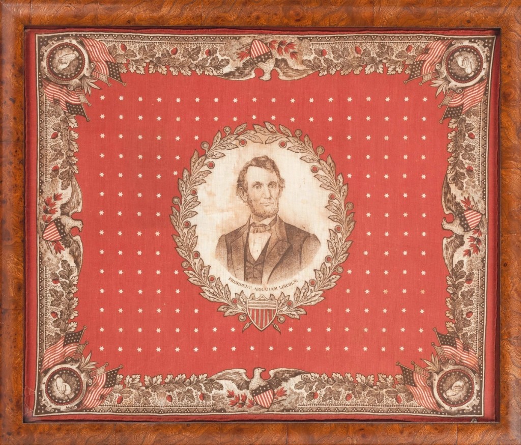 An 1864 cotton portrait bandanna with image of bearded candidate Abraham Lincoln based on a J.C. Buttre engraving of a Mathew Brady photo sold for $35,695 against an estimate of $10/20,000.