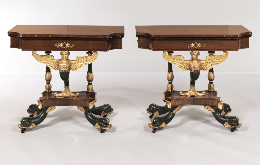 The only word that could begin to describe these tables would be “gorgeous.” They brought the second highest price of the Keane sale, $262,500. The pair of classical rosewood, gilt-gesso and antique brass inlaid card tables by Charles-Honore Lannuier of New York, were made about 1815 and are part of group of 19 such tables attributed to him.