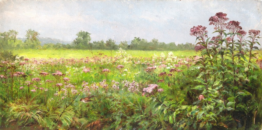This landscape by Fidelia Bridges (1834-1923) “Small Bird with Flowering Ironweed,” was chased by determined bidders, soaring over its estimate of $3/5,000 to $93,750.