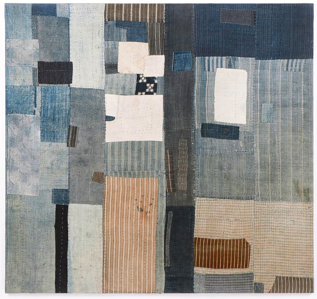 From Nineteenth Century Japan came a patchwork/boro cloth, 57 by 60 inches, that resembled a Modern abstract painting with a random arrangement of recycled cotton fragments and finished at $6,050.
