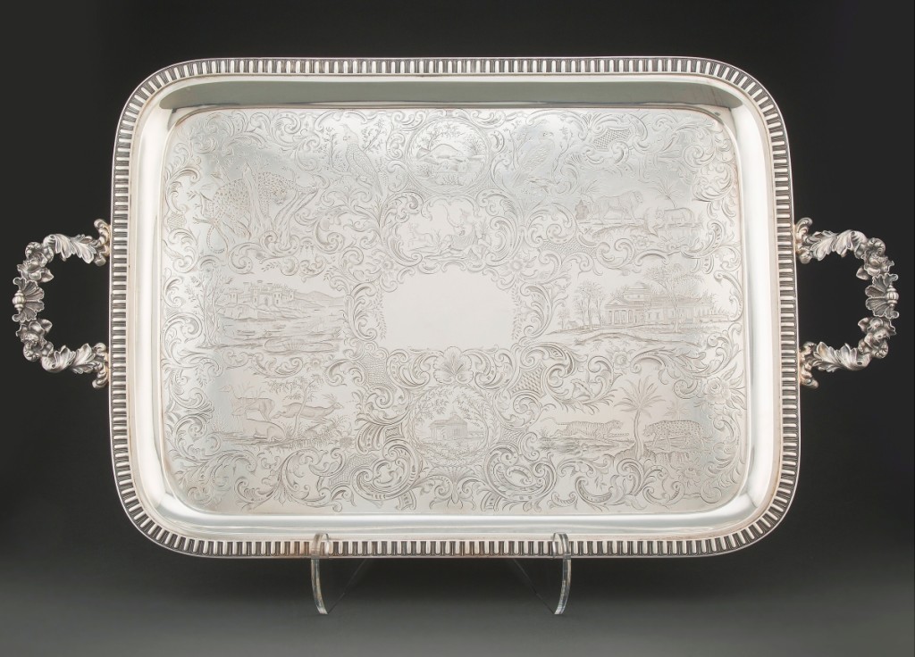 The Munson Williams Proctor Arts Institute paid $20,000 for this large two-handled coin silver tray by William Gale & Son of New York. The engraved decoration has been identified to several print sources and demonstrates not only the skill of the engraver but also a connection to fine art.