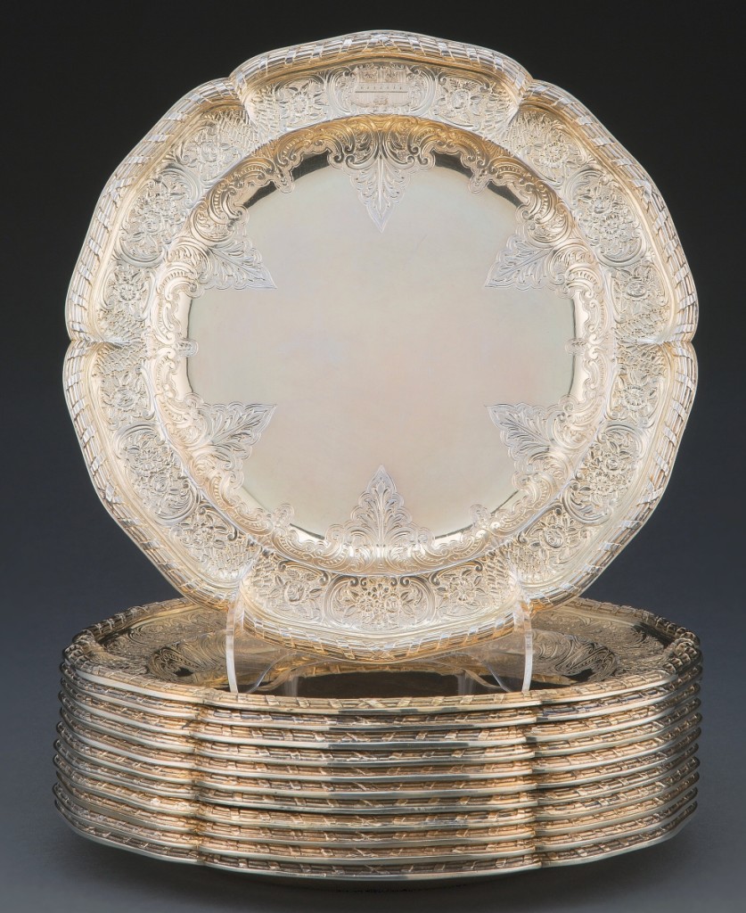 “Those plates are absolutely spectacular,” was Karen Rigdon’s comment on this set of 12 gilt-silver plates by Paul Storr, London, 1817, which sold to a buyer in the United States for $31,250, well past its $12/18,000 estimate.