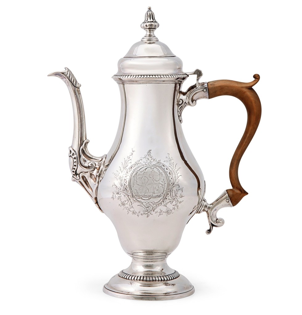 Among the grouping of American silver, this coffeepot made by William Hollingshead (1728-1808), circa 1770, achieved $37,800 against a $20/30,000 estimate.