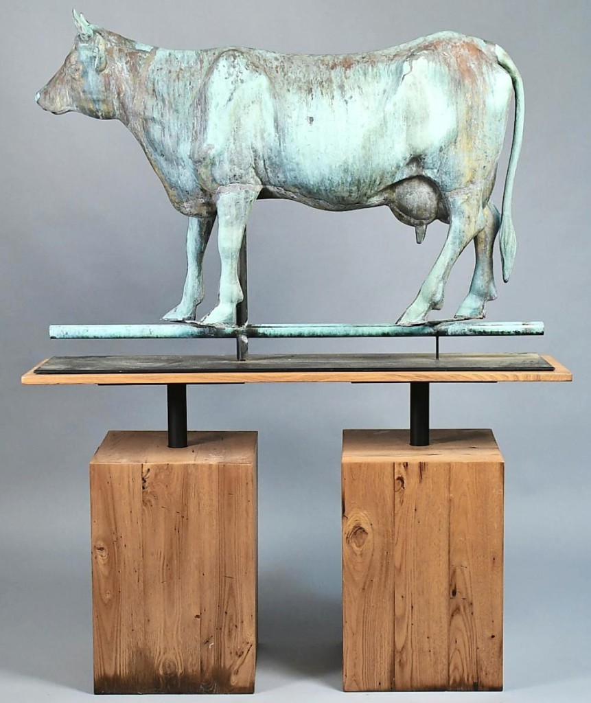 At more than 52 inches, this full-bodied copper weathervane of a milk cow dominated the gallery. It was on a custom-made stand, attributed to Fiske & Co and sold for $32,450.