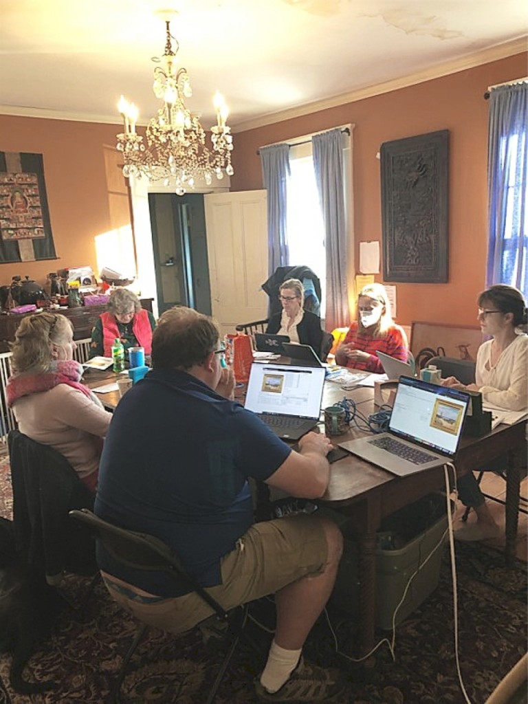 Auctioneering from home? Without power, phones or internet, the company had to scramble to make sure the sale went ahead, but scramble they did. In this photo, supplied by an Eldred’s staffer a few minutes after the auction started, Eldred’s staff are seen manning the phone lines and internet platforms from the dining room of the house that had once belonged to company founder, Robert C. Eldred Sr. Apparently, more staff were working in other parts of the house.