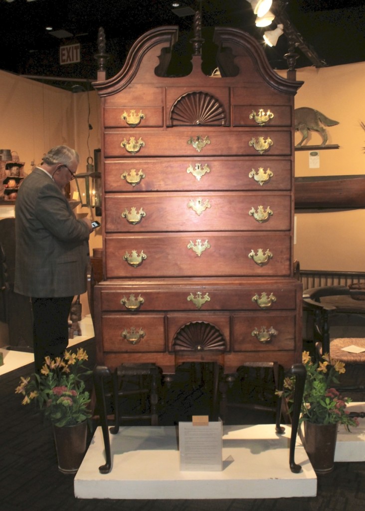 Hilary & Paulette Nolan had acquired this Queen Anne walnut bonnet top high chest of drawers from the North Shore, Mass., family it had descended in. Falmouth, Mass.