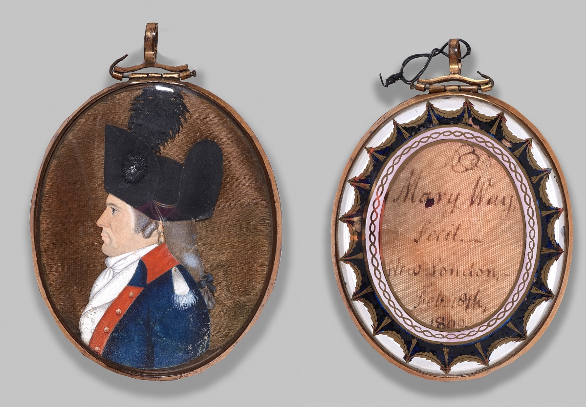 “Portrait of Charles Holt” by Mary Way, 1800. Watercolor and fabric on paper applied to fabric. Verso, signature on fabric and reverse-glass painted decoration; 2½ by 2 inches. Private collection, courtesy of Nathan Liverant and Son, LLC. This is the only known signed miniature by Mary Way. Its discovery allowed scholars to attribute other “dressed” miniatures from the New London area to the artist. Holt (1772-1852), Way’s second cousin, founded New London’s Bee newspaper.