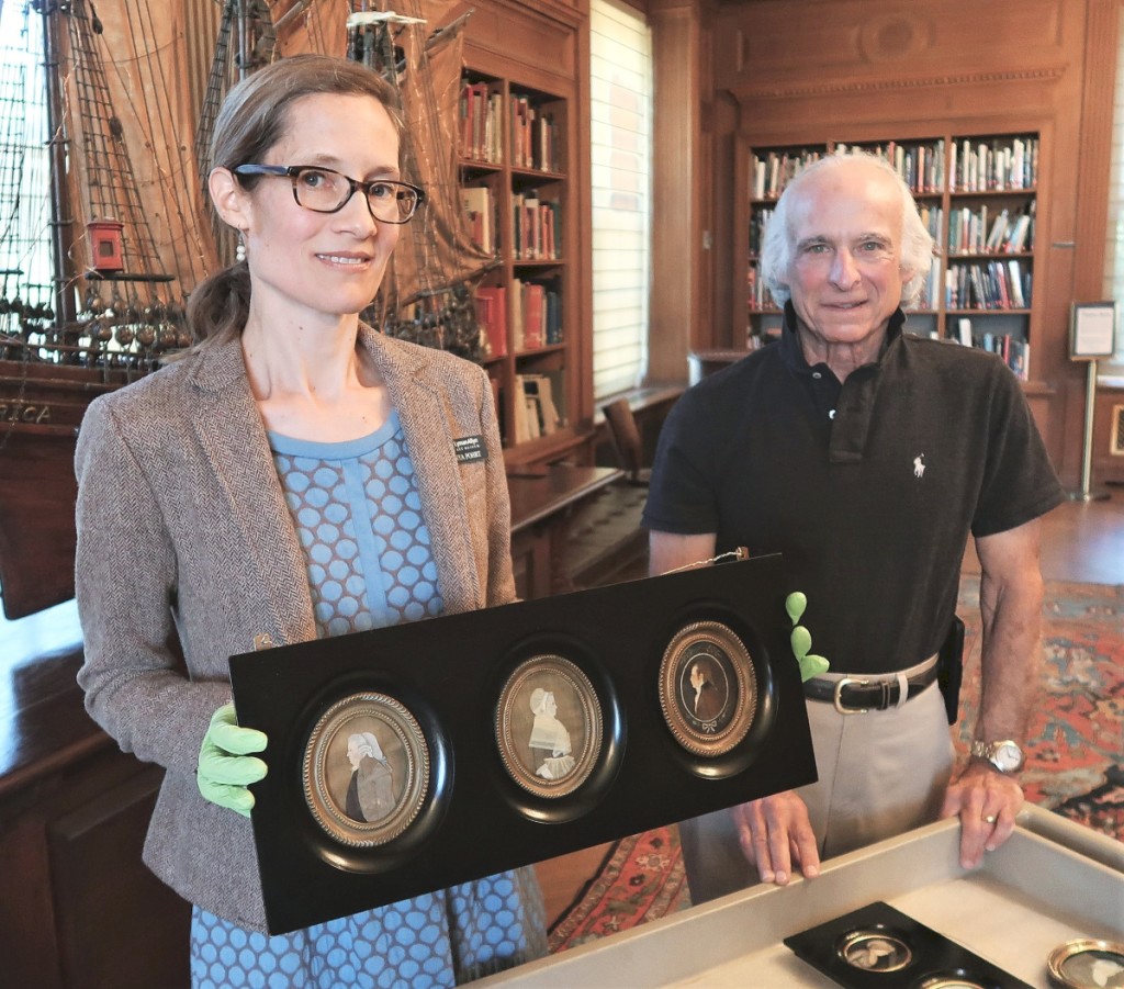 Tanya Pohrt, curator of the Lyman Allyn Art Museum, and Brian Ehrlich, consultant to “The Way Sisters: Miniaturists of the Early Republic,” share portraits of three members of the Deshon family — John, Sarah and grandson John Deshon Wheat. The “dressed” likenesses date to the late 1790s and are from the museum’s collection.