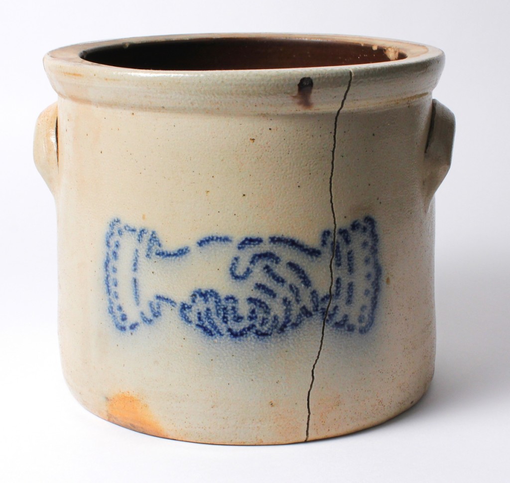 A firing crack runs through the clasped hands on a stoneware crock. “What interests me,” Irish says, “Is considering objects in conceptual ways. So if you think of an object as a potential metaphor, asking ‘What ways has an object changed over time?’ If you think about something as a piece of conceptual art and treat an object as such, then there are possibilities that emerge...”