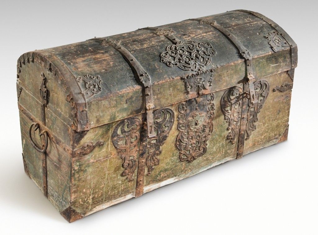 Most German immigrants made the long ocean voyage to the New World with a chest filled with provisions such as clothing, bedding, food and medicine. Because they were subject to breakage, theft, vandalism and other mishaps, these immigrant chests were often reinforced with iron straps. Immigrant’s chest, Germany, 1744. Pine and iron.  —Gavin Ashworth photo