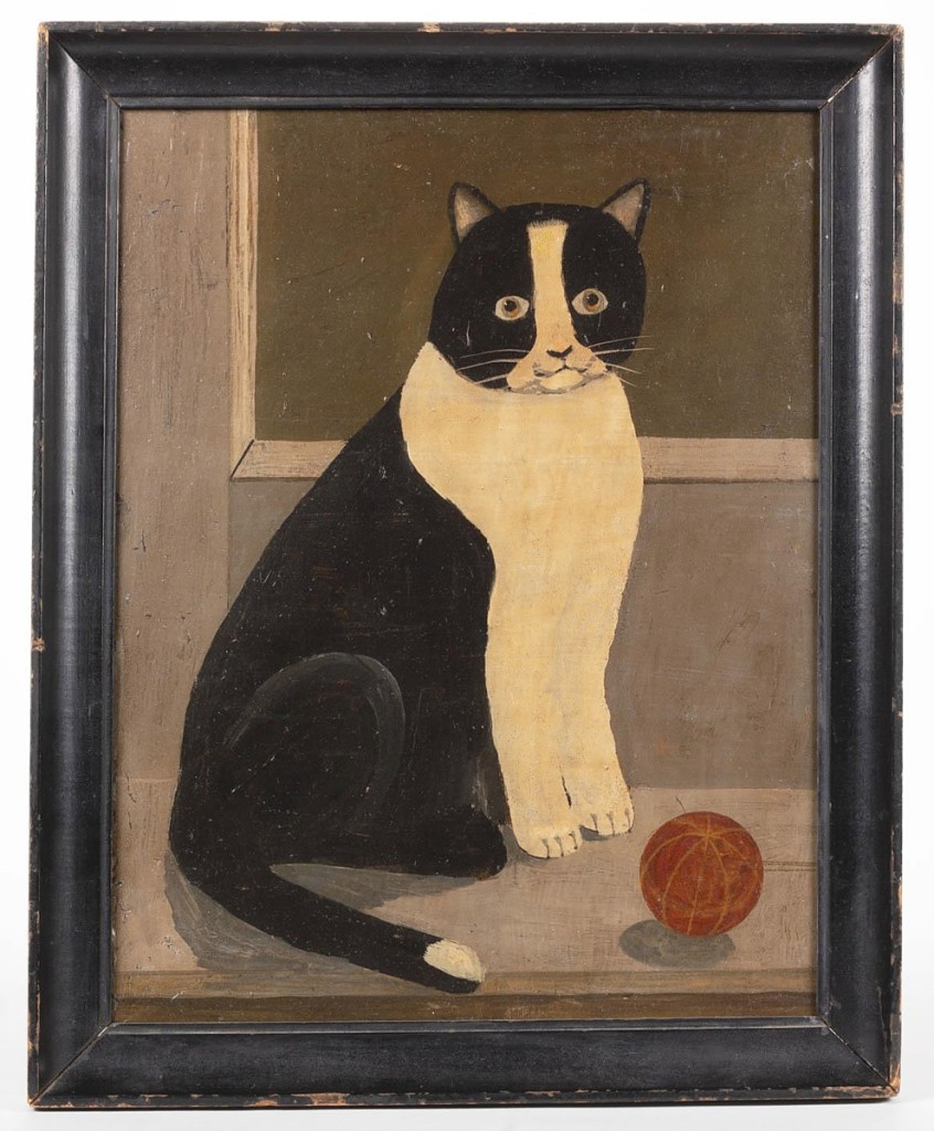 Purr-fect result! A bidding battle for this American folk art portrait of a cat began at just $2,500, finally selling for $155,350 to a trade buyer bidding online, who prevailed against a private collector in France. It was the top lot of the weekend and came from the Collection of Jan and Watt White of Stamford, Conn. ($5/8,000).