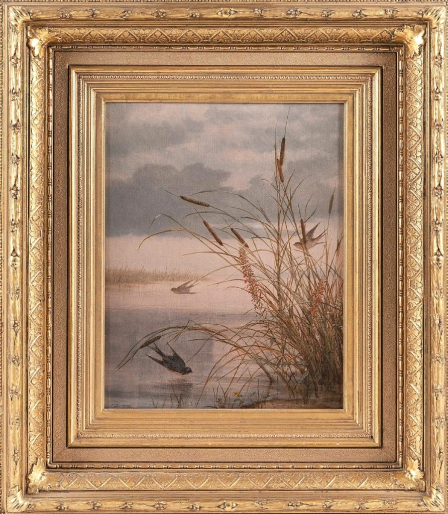 Bringing in $37,500 and top lot honors was “Birds in a marsh landscape” by Fidelia Bridges (New York/Connecticut, 1834-1923). The oil on canvas measured 22½ by 19½ inches in its carved giltwood frame and sold to a local private collector ($20/30,000).