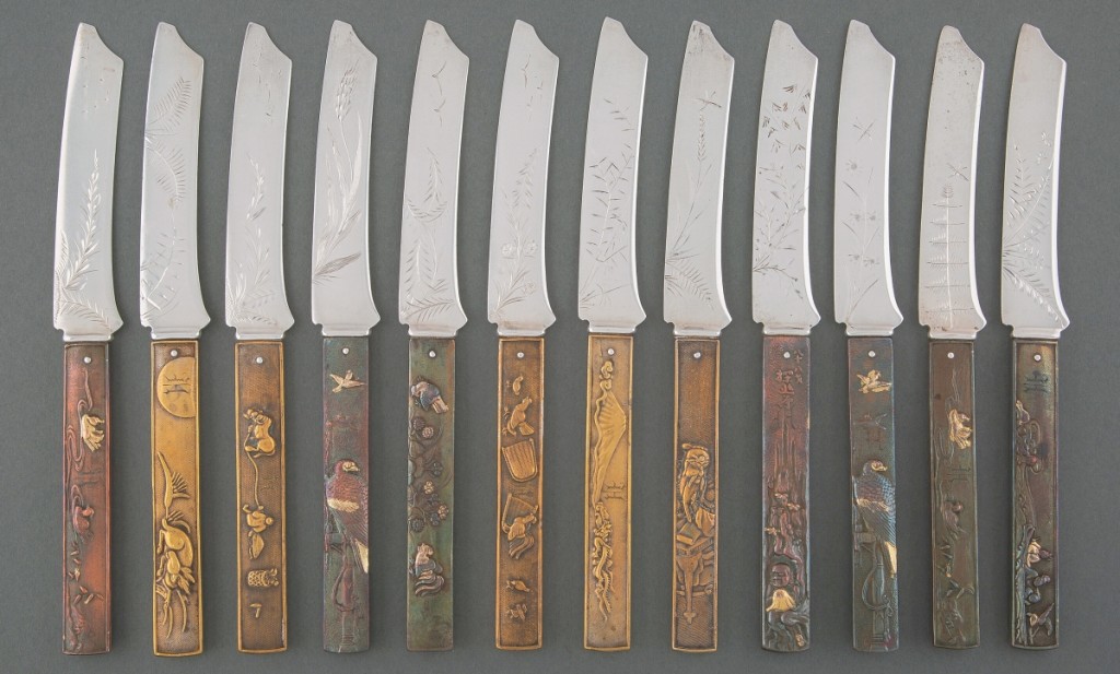 “That was a real surprise. The estimate was in keeping with how those knives have sold,” Karen Rigdon said of the top lot in the sale, a set of 12 Gorham Japonesque silver and mixed metal fruit knives that were each monogrammed “H” on the handle. A buyer in the United States pushed interest in the set, which had been owned by Charles Venable, to $45,000 ($1,5/2,500).