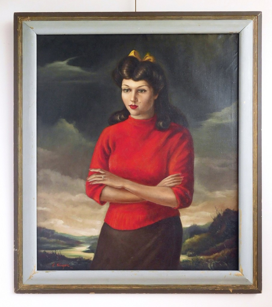 Leading the sale was “Portrait of My Wife” by Clyde Singer (Ohio, 1908-1999), which had been exhibited at an exhibition at Ohio University, Athens, in 1943 and descended in the family collection of Singer’s dentist, Richard Robinson. Done in oil on canvas measuring 42 by 36 inches, it sold for $30,750 to a collector in Detroit, Mich., who outbid a Medina, Ohio, collector who owned a portrait of the artist ($6/9,000).