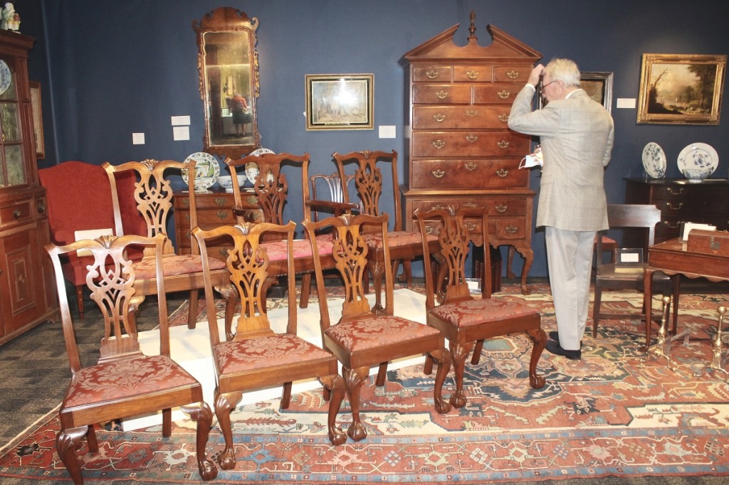 Bernard & S. Dean Levy, Inc., New York City, advertised this set of Chippendale New York dining chairs in the show catalog, so it was not surprising they were front and center.