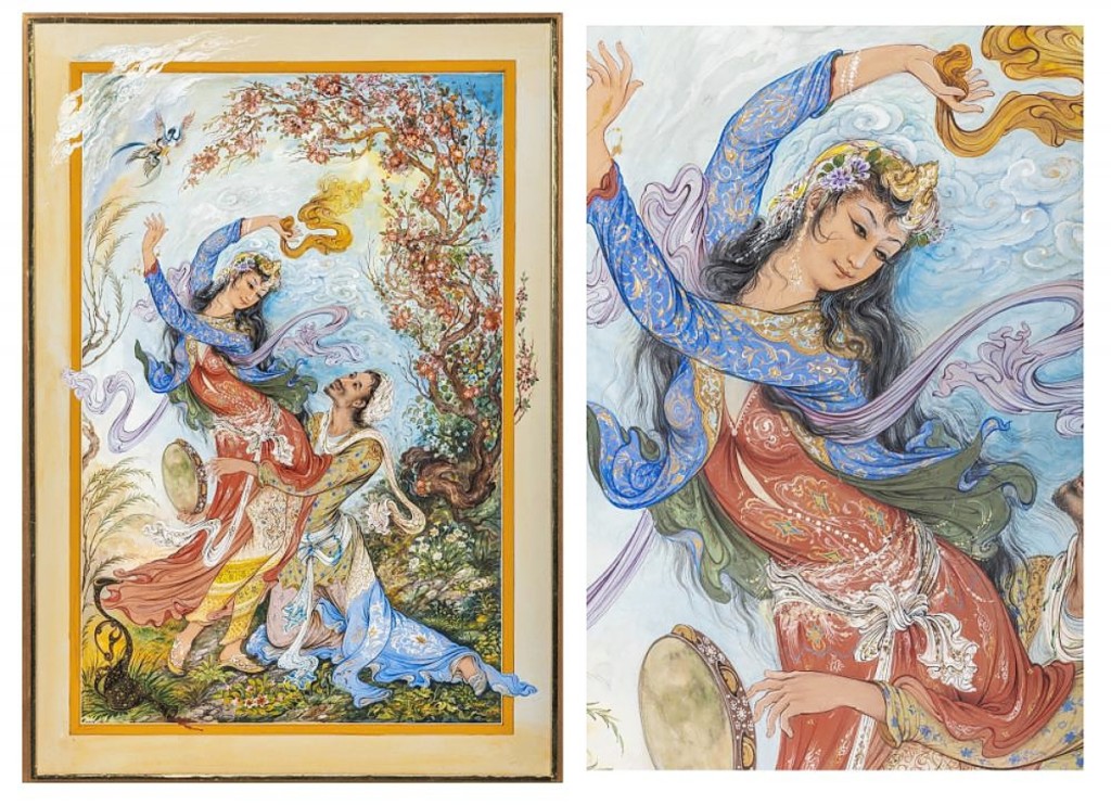 Revered Iranian artist Mahmoud Farshchian, who is in his 90s and currently in the United States, will have a chance to see his watercolor, “Scenic Fairy Tale,” 1930, with surreal movement and colors over Thanksgiving as it was purchased by a family member. It was the top lot in the sale, selling for $33,600, an auction house record for a watercolor/gouache work.