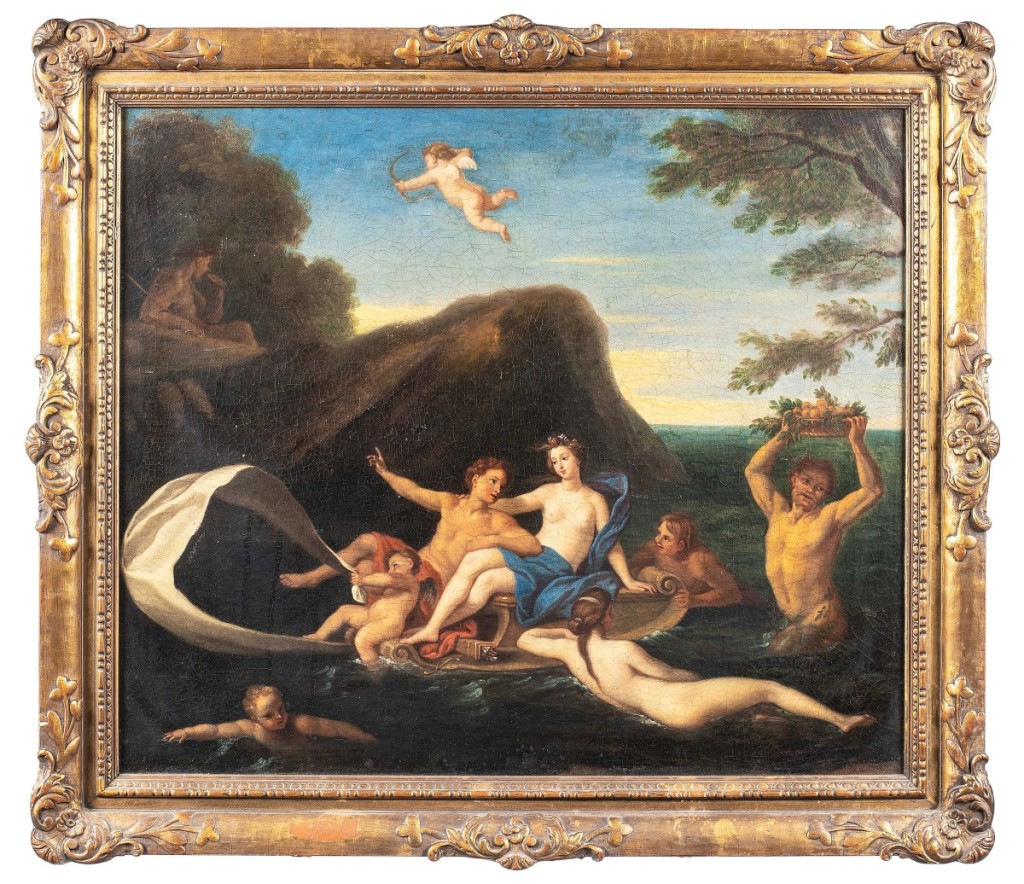 Pan and nymphs playing in the sea were depicted in a School of Bon de Boulogne (French, 1649-1717) oil on canvas Old Master that realized $2,160.