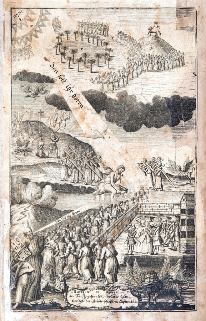 An engraving from Martyrs’ Mirror, Ephrata, Lancaster County, Penn., 1748.         —Gavin Ashworth photo