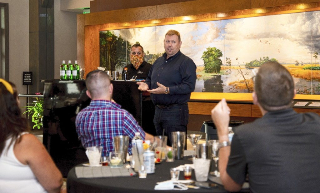 Attendees of the Cocktail Works series at the Cici and Hyatt Brown Museum of Art enjoyed an interactive class guided by Mark Woods, aka The TikiTender | Founder of Fun Coast Bartending, with a presentation from MOAS executive director Andrew Sandall.