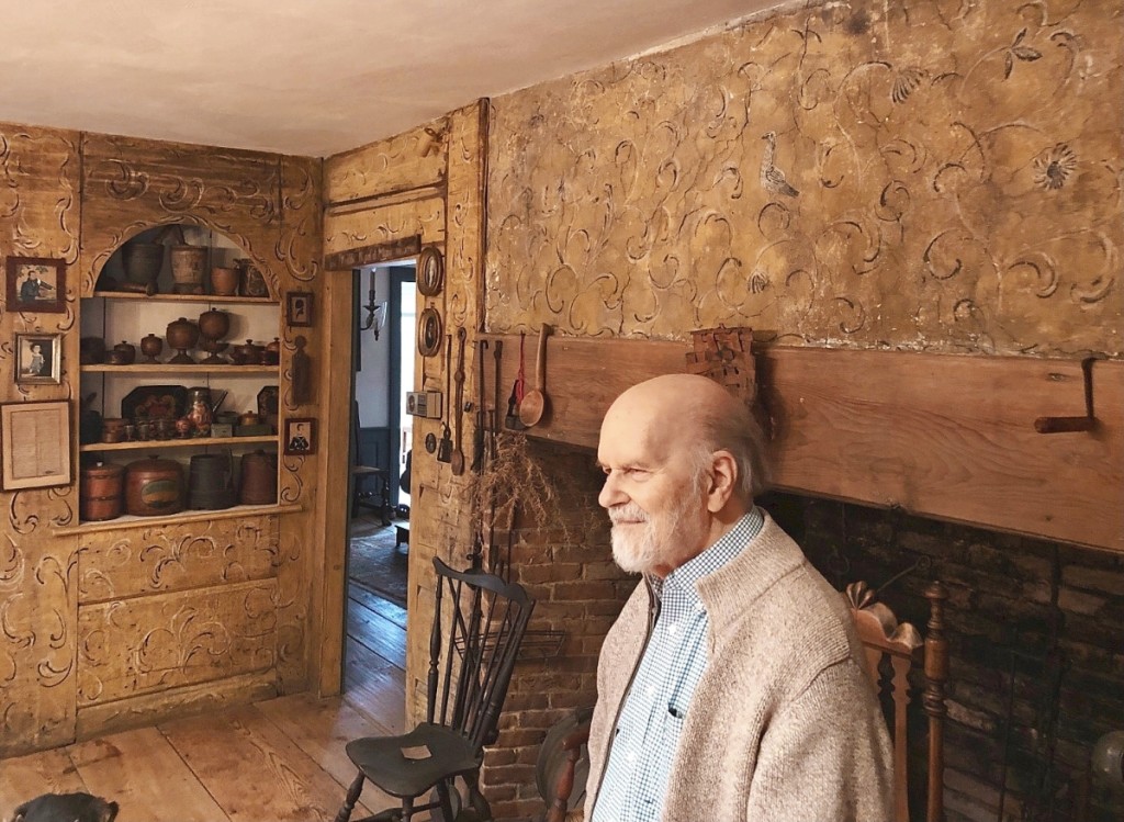 Peter Goodman in the Abel Chapin house that the Goodmans moved from Chicopee, Mass., to Mill River, Mass. The house dates to 1725-40 but the painted wall paneling decoration dates to the late Eighteenth or early Nineteenth Century. 2019 photo courtesy Goodman family.