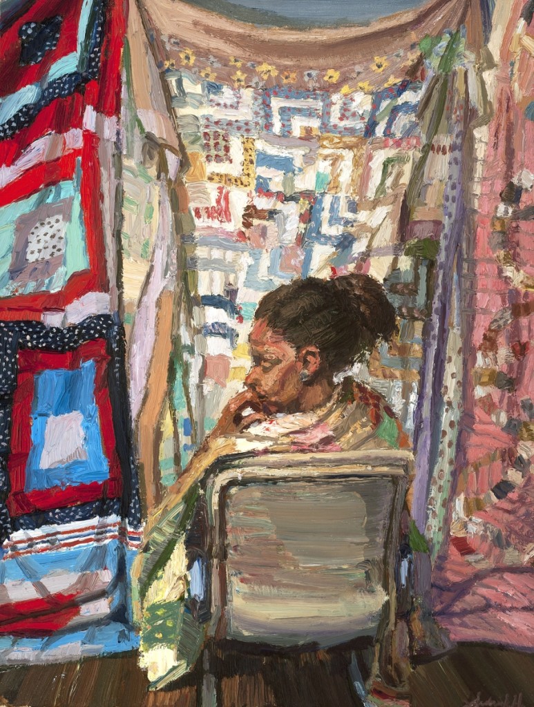 “She Wore Her Family’s Quilt” by Sedrick Huckaby, 2015. Oil on canvas. Photograph by Gregory Staley.